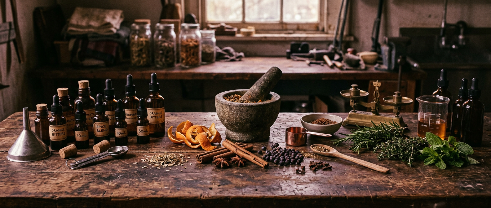A cocktail maker's workbench of bitters, dried citrus and herbs