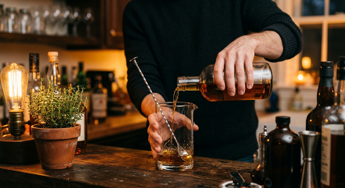 Pouring a measure from a home bar bottle into a mixing glass