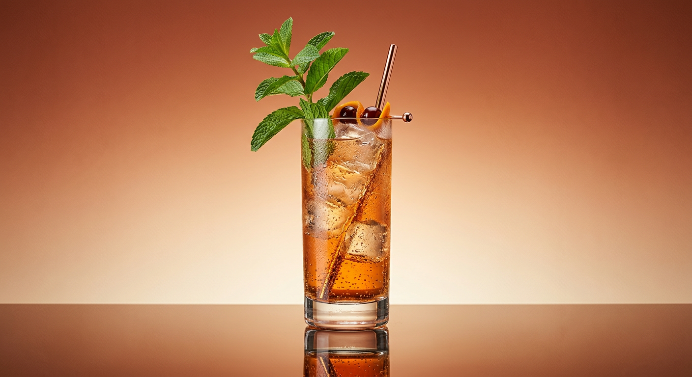 Sample cocktail in a highball glass with mint and cherries, inspired by the Collins